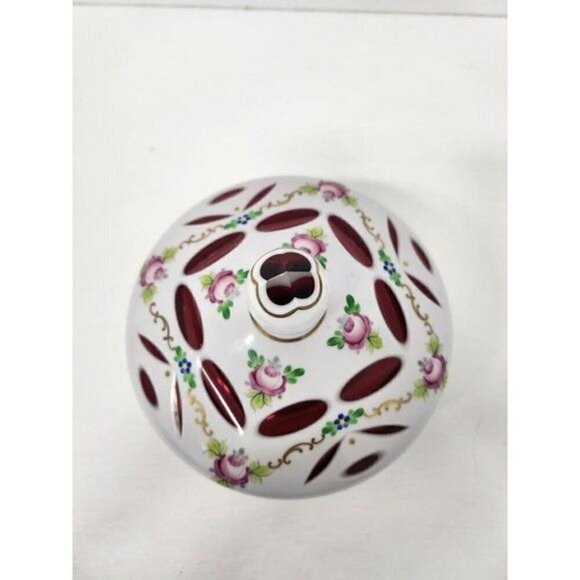 Vintage 19th Century Czech Bohemian Milk Cranberry Glass Candy Dish Bowl Lidded - Picture 2 of 10